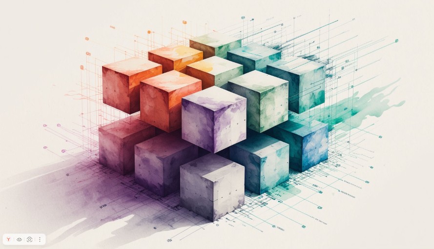 Изображение блочной структуры HTML-кода как фундамента современного веб-сайта. Показывает чистоту и порядок в верстке.