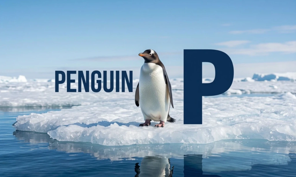 Пингвин со льдиной с надписью PENGUIN и буквой P — иллюстрация к букве P английского алфавита