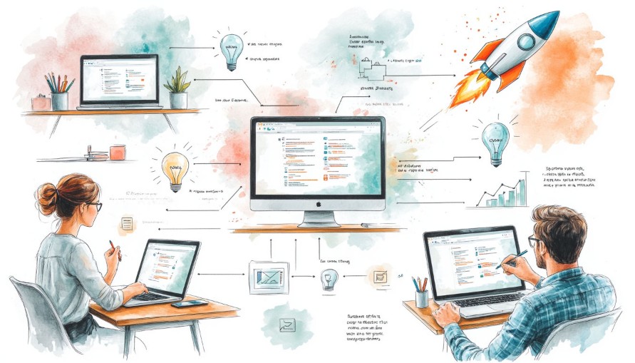 Пошаговая схема процесса разработки веб-сайта или приложения, включающая этапы от идеи и планирования до кодирования, тестирования и запуска. Визуализация эффективного и структурированного подхода к созданию цифровых продуктов.
