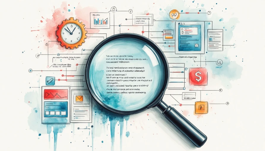 Визуализация процесса технического SEO аудита, где лупа символизирует тщательный анализ кода, структуры, серверных настроек и специфических для Битрикс файлов для выявления критических ошибок, влияющих на индексацию и ранжирование сайта.