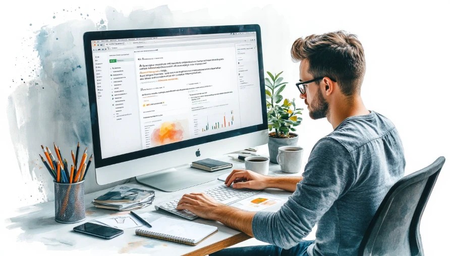 Виталий Койро за работой: разработка сайтов с использованием HTML, CSS, JavaScript, PHP, Vue.js и Битрикс. Изображение демонстрирует экспертный подход к созданию современных веб-решений и глубокое знание технологий.