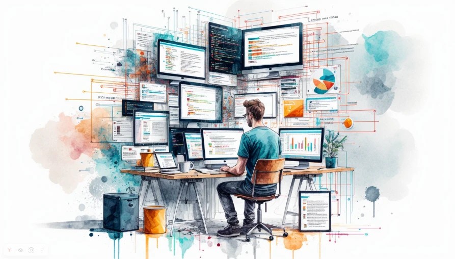 Разработчик за работой с многофункциональным стеком технологий: HTML, CSS, JavaScript, PHP, VueJS и Битрикс. Изображение демонстрирует экспертный подход к комплексному веб-разработке и глубокое знание современных инструментов программирования.