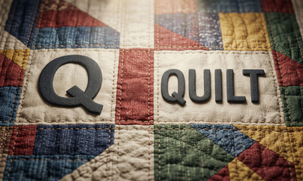 Лоскутное одеяло с надписью QUILT и буквой Q — иллюстрация к букве Q английского алфавита