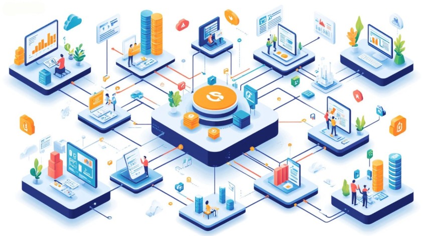 Инфографика, демонстрирующая глубокую интеграцию и оптимизацию Битрикс с различными системами, такими как 1С, CRM и мобильные платформы. Изображение подчеркивает гибкость и мощь Битрикс-решений, разработанных для максимальной эффективности бизнеса.