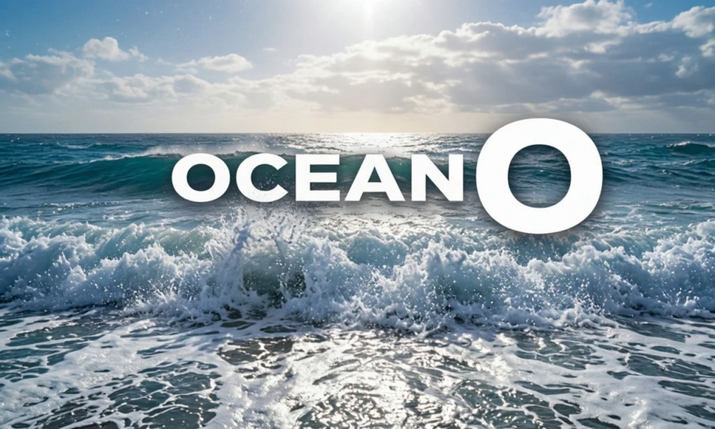 Океан с надписью OCEAN и буквой O — иллюстрация к букве O английского алфавита
