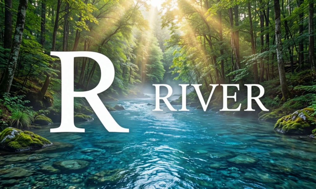 Извилистая река с надписью RIVER и буквой R — иллюстрация к букве R английского алфавита