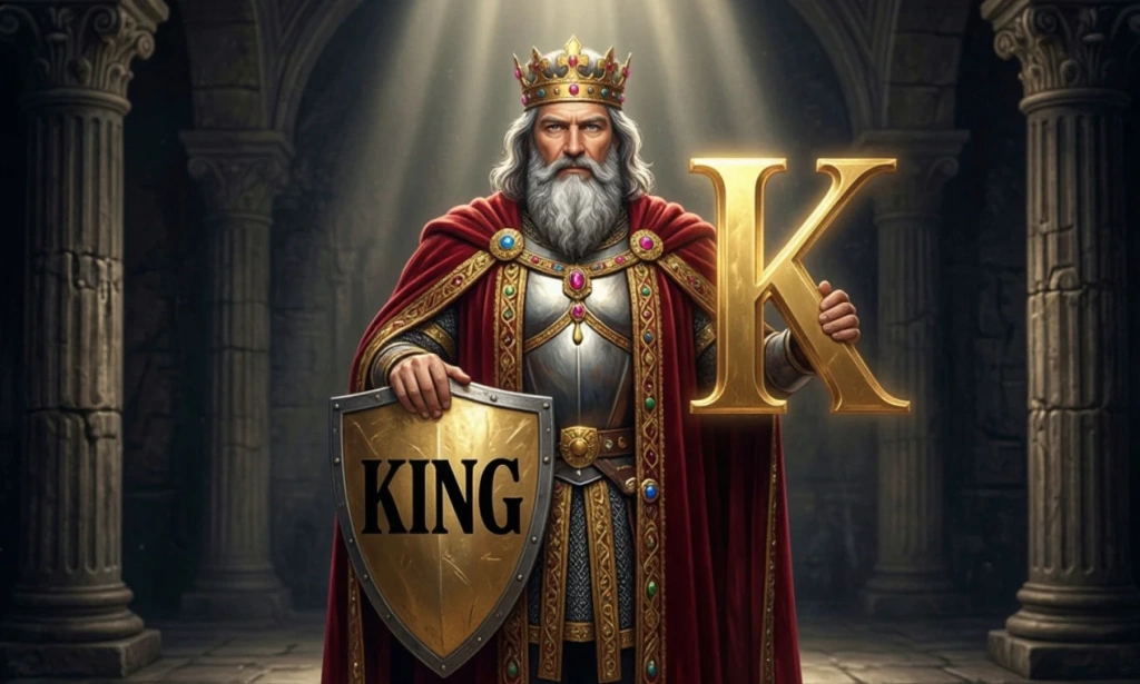 Король с надписью KING и буквой K — иллюстрация к букве K английского алфавита