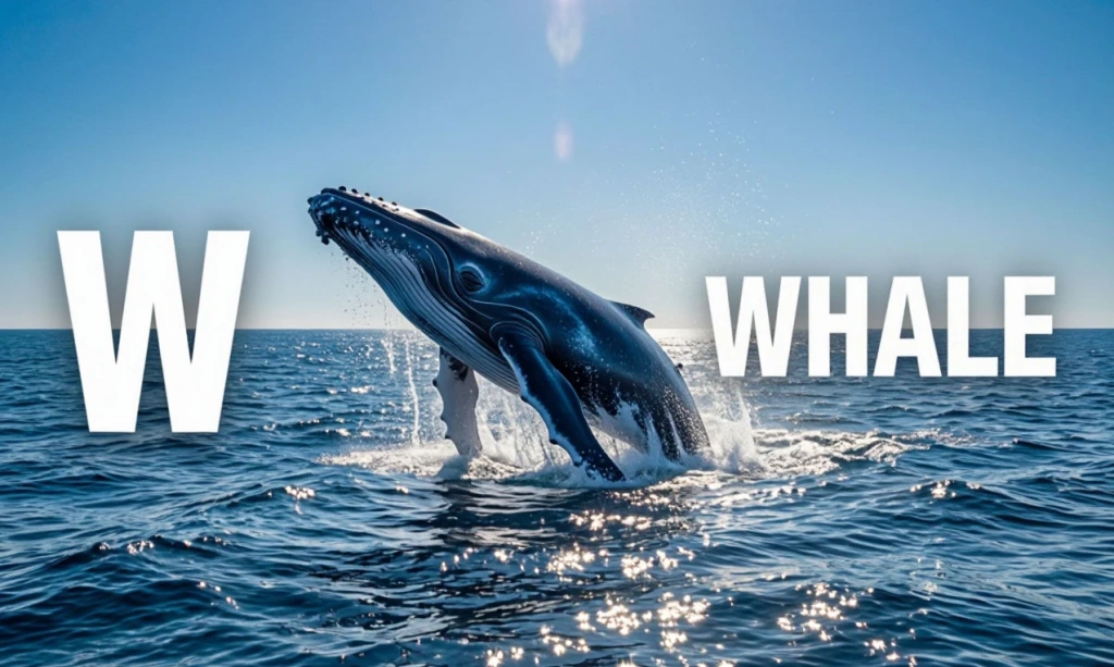 Кит выпрыгивает из воды с надписью WHALE и буквой W — иллюстрация к букве W английского алфавита