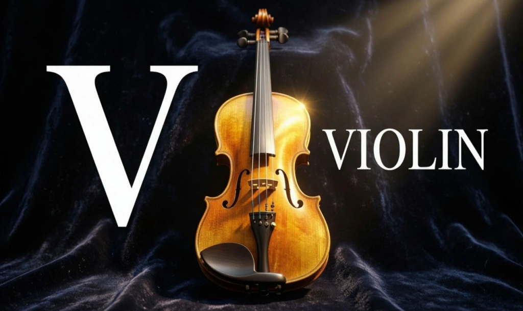 Скрипка с надписью VIOLIN и буквой V — иллюстрация к букве V английского алфавита