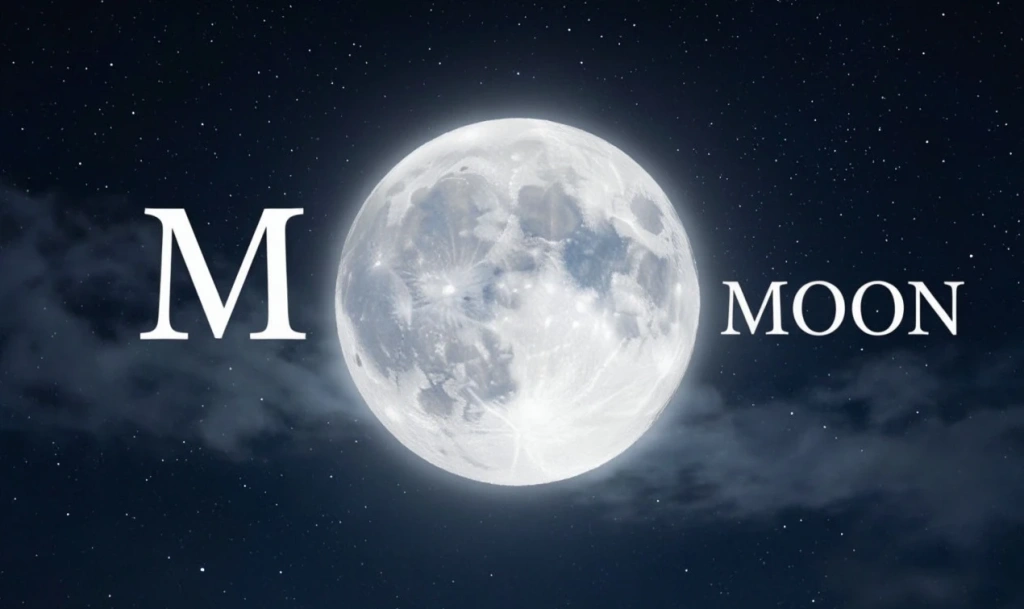 Луна над ночным городом с надписью MOON и буквой M — иллюстрация к букве M английского алфавита