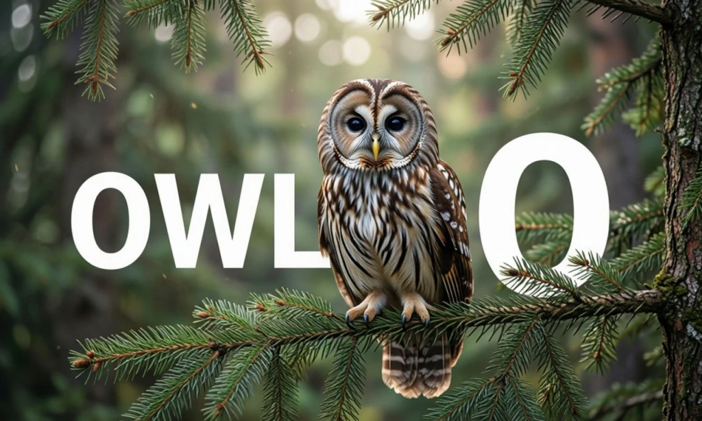 Сова на ветке с надписью OWL и буквой O — иллюстрация к букве O английского алфавита