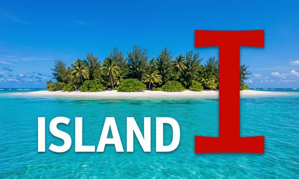 Тропический остров с надписью ISLAND и буквой I — иллюстрация к букве I английского алфавита