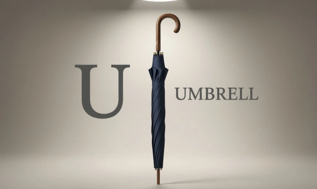 Зонт-трость с надписью UMBRELLA и буквой U — иллюстрация к букве U английского алфавита