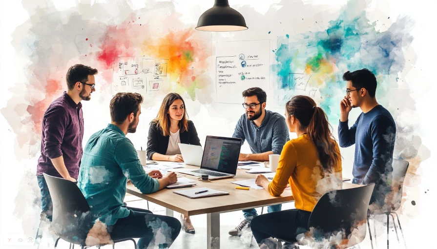 Команда веб-студии работает вместе над проектом, обсуждая стратегию