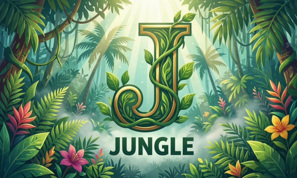 Тропические джунгли с надписью JUNGLE и буквой J — иллюстрация к букве J английского алфавита