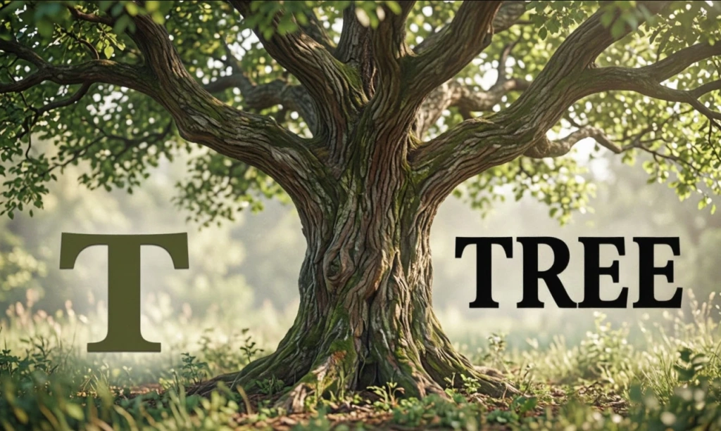 Большое дерево с надписью TREE и буквой T — иллюстрация к букве T английского алфавита