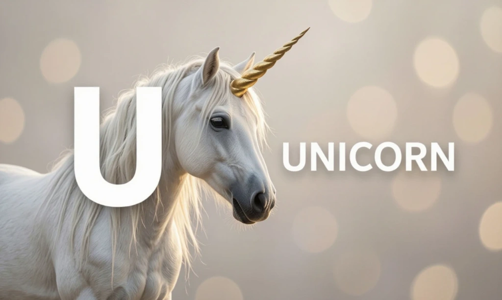 Белый единорог с надписью UNICORN и буквой U — иллюстрация к букве U английского алфавита