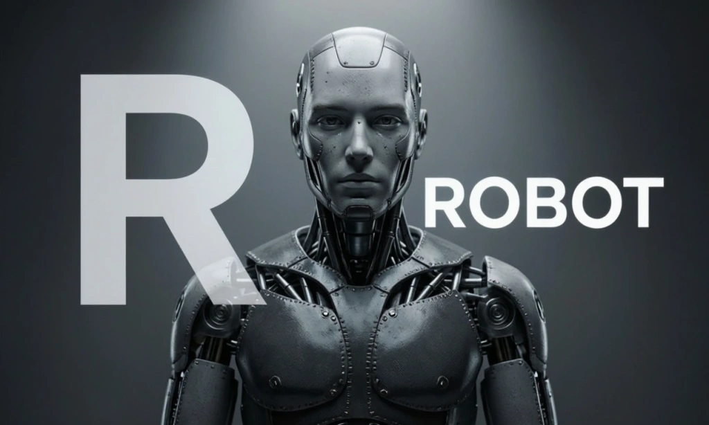 Робот с надписью ROBOT и буквой R — иллюстрация к букве R английского алфавита