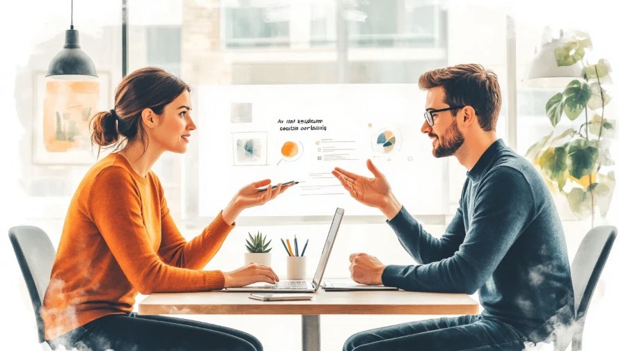 Виталий Койро обсуждает проект с клиентом, демонстрируя индивидуальный подход и поддержку в разработке сайтов. Изображение символизирует доверительные отношения и экспертное консультирование.