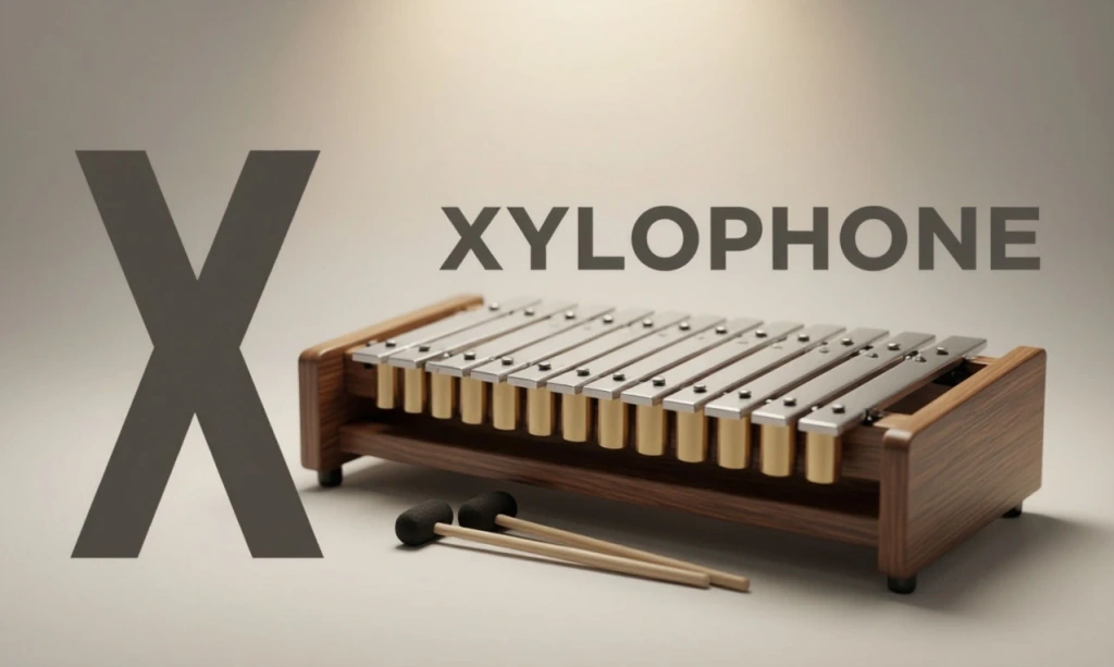 Ксилофон с надписью XYLOPHONE и буквой X — иллюстрация к букве X английского алфавита