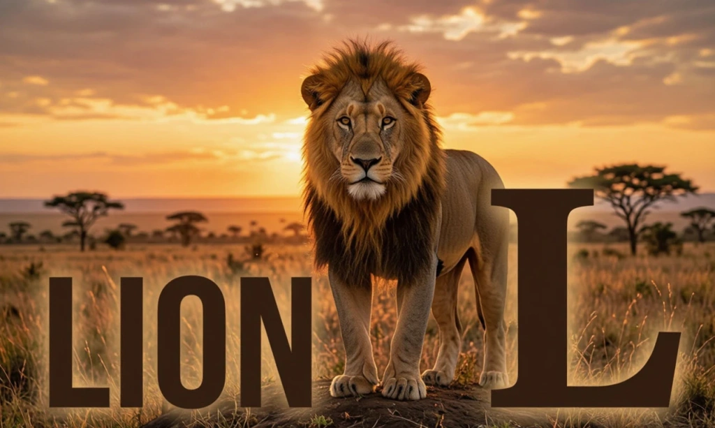Лев с надписью LION и буквой L — иллюстрация к букве L английского алфавита