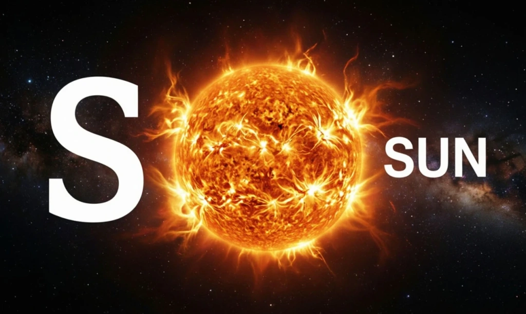 Солнце над морем с надписью SUN и буквой S — иллюстрация к букве S английского алфавита