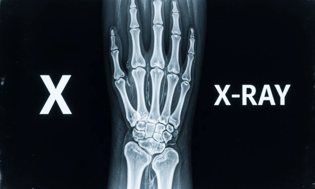 Ренген снимок кисти с надпись X-Ray и буквой X — иллюстрация к букве X английского алфавита