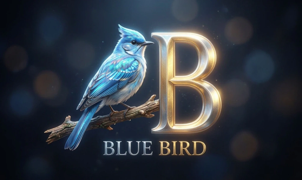 Голубая птица с надписью BLUE BIRD и буквой B — иллюстрация к букве B английского алфавита