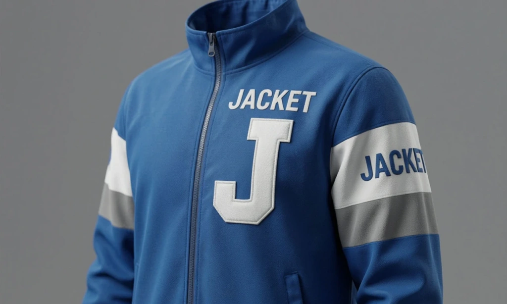 Куртка-ветровка с надписью JACKET и буквой J — иллюстрация к букве J английского алфавита