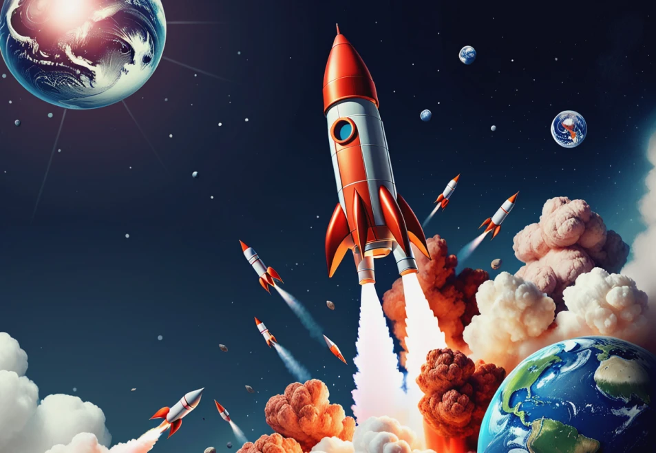 Изображение ракеты, взлетающей вверх, как символ роста проекта