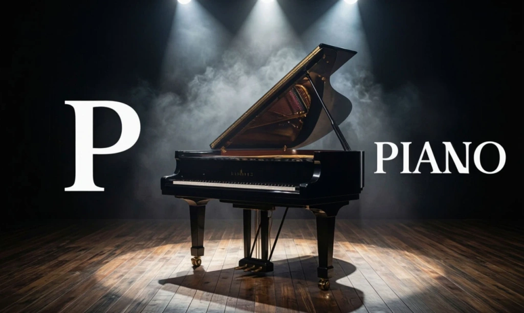 Пианино с надписью PIANO и буквой P — иллюстрация к букве P английского алфавита