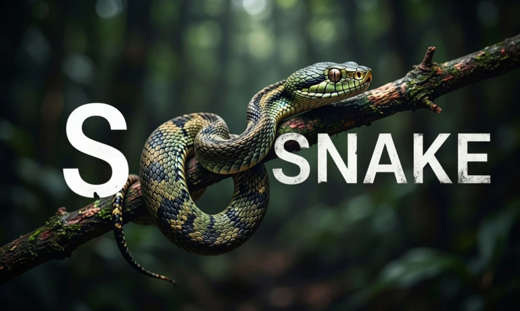 Зелёная змея на ветке с надписью SNAKE и буквой S — иллюстрация к букве S английского алфавита