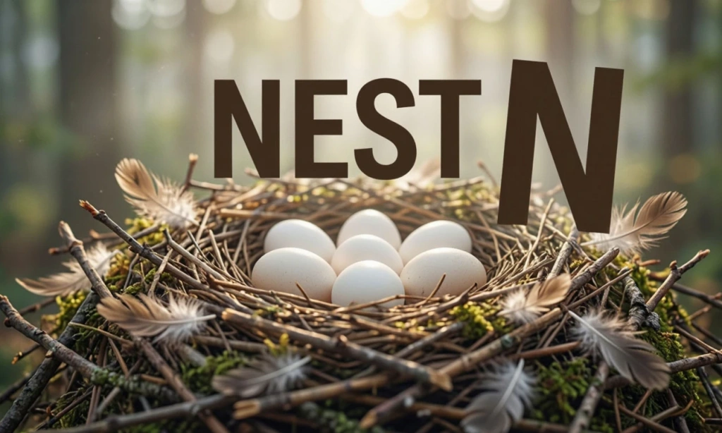 Гнездо с надписью NEST и буквой N — иллюстрация к букве N английского алфавита