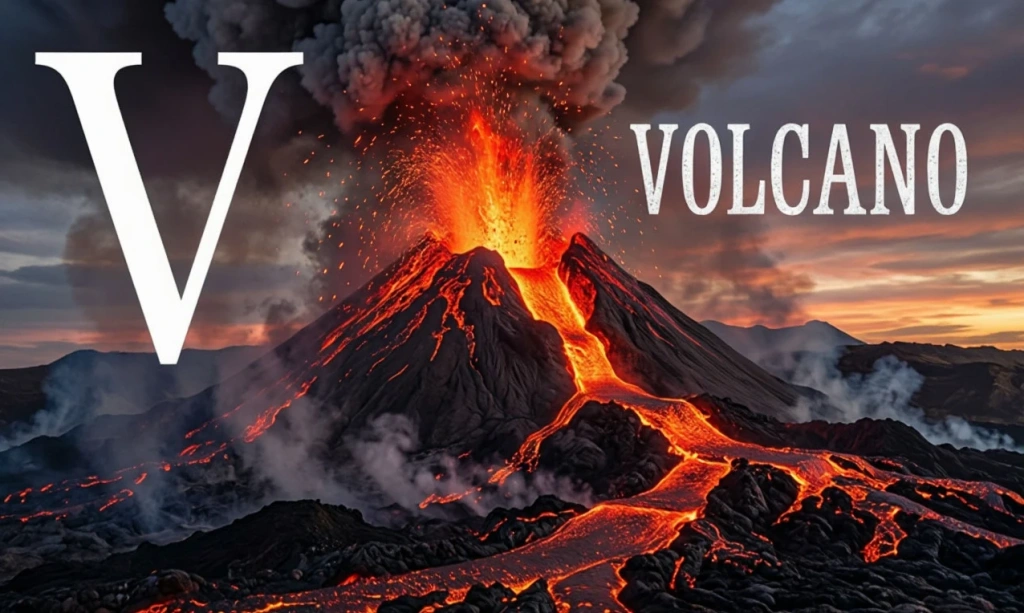 Вулкан с дымом и надписью VOLCANO и буквой V — иллюстрация к букве V английского алфавита