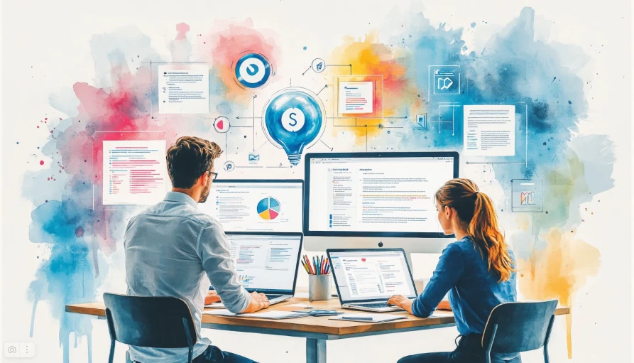 Изображение символизирует контент-аудит: процесс создания, оптимизации и актуализации текстов для сайта на Битрикс с учетом семантического ядра, LSI-запросов и потребностей целевой аудитории. Акцент на продающие и экспертные тексты, привлекающие внимание.