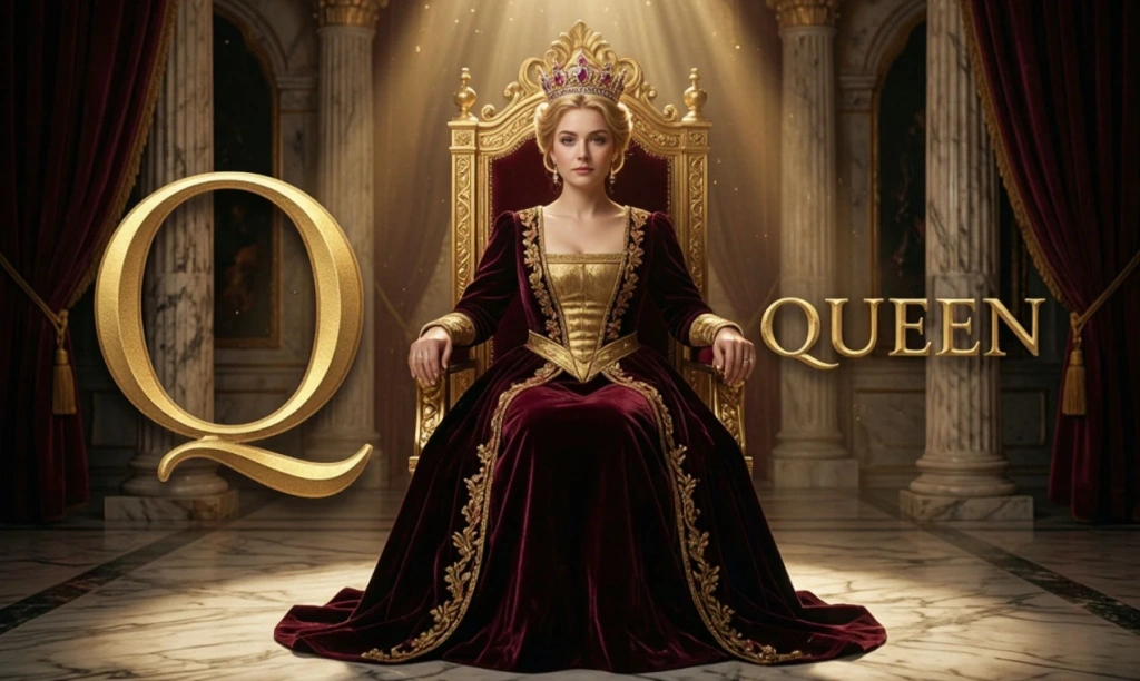 Королева на троне с надписью QUEEN и буквой Q — иллюстрация к букве Q английского алфавита