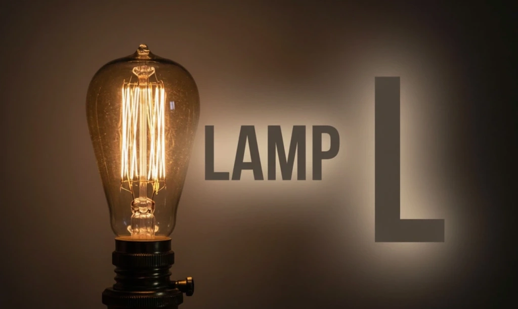 Лампа с надписью LAMP и буквой L — иллюстрация к букве L английского алфавита