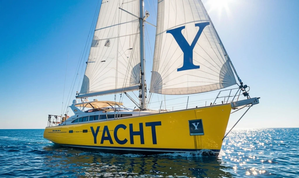 Жёлтая яхта с надписью YACHT и буквой Y — иллюстрация к букве Y английского алфавита