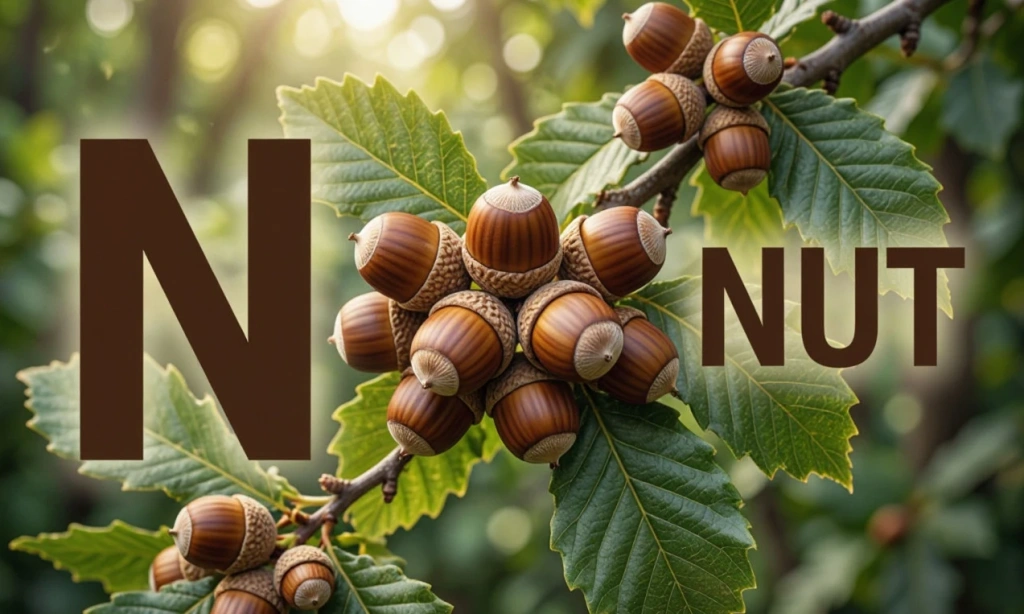 Орех с надписью NUT и буквой N — иллюстрация к букве N английского алфавита