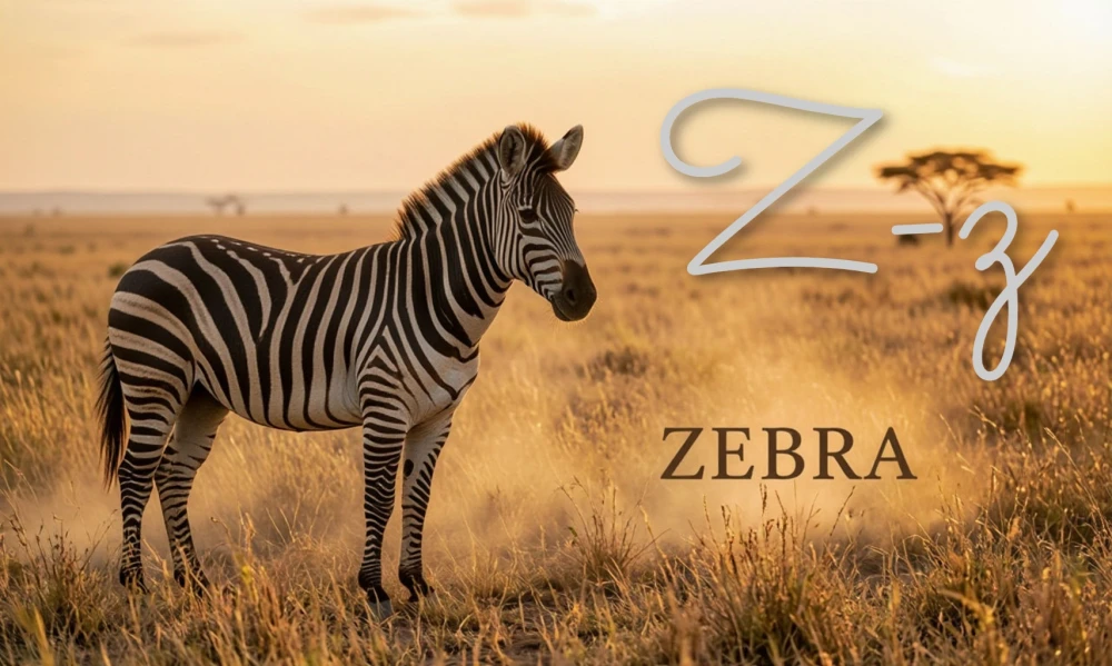 Зебра в саванне с надписью ZEBRA и буквой Z — иллюстрация к букве Z английского алфавита