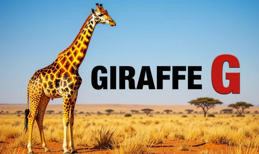 Жираф с надписью GIRAFFE и буквой G — иллюстрация к букве G английского алфавита