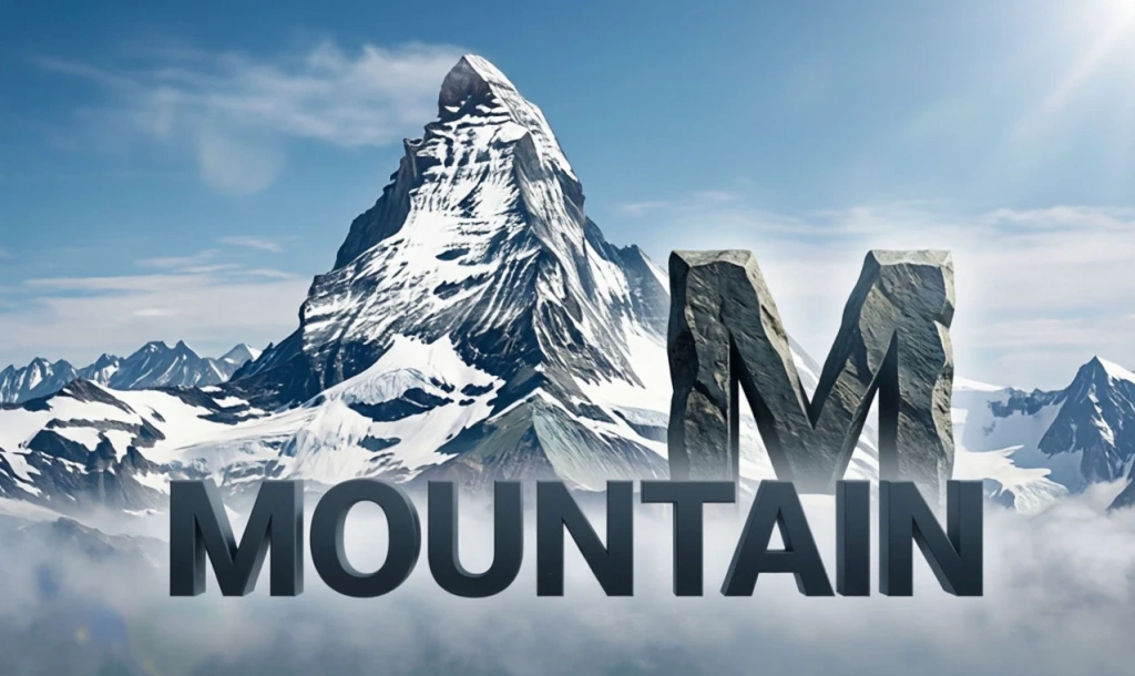 Гора с надписью MOUNTAIN и буквой M — иллюстрация к букве M английского алфавита